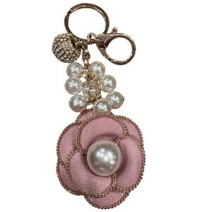Pink Flower Pearl Bag Charm Keychain | Gold Tone Floral Purse Accessory